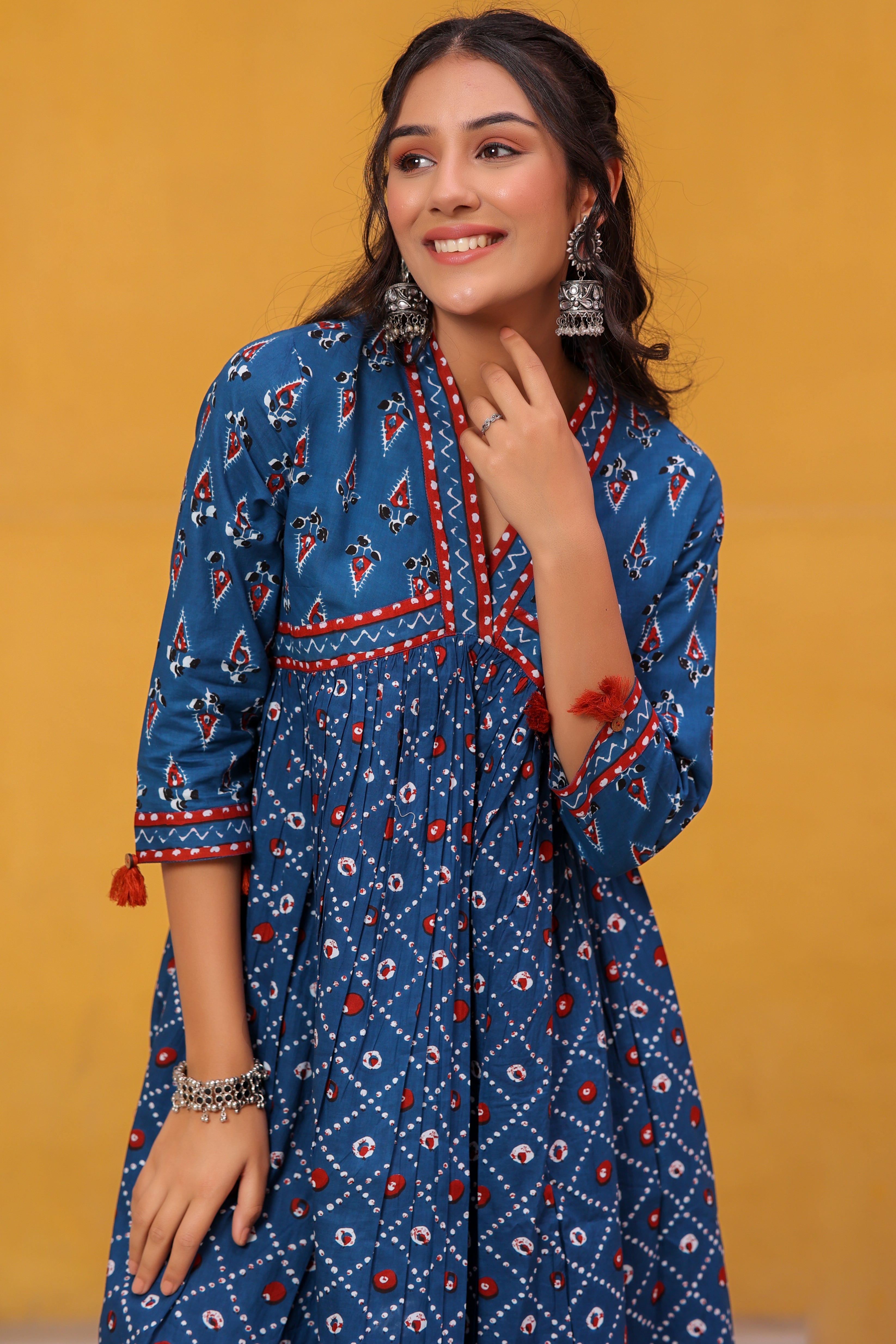 Blue Cotton Printed Flared Dress